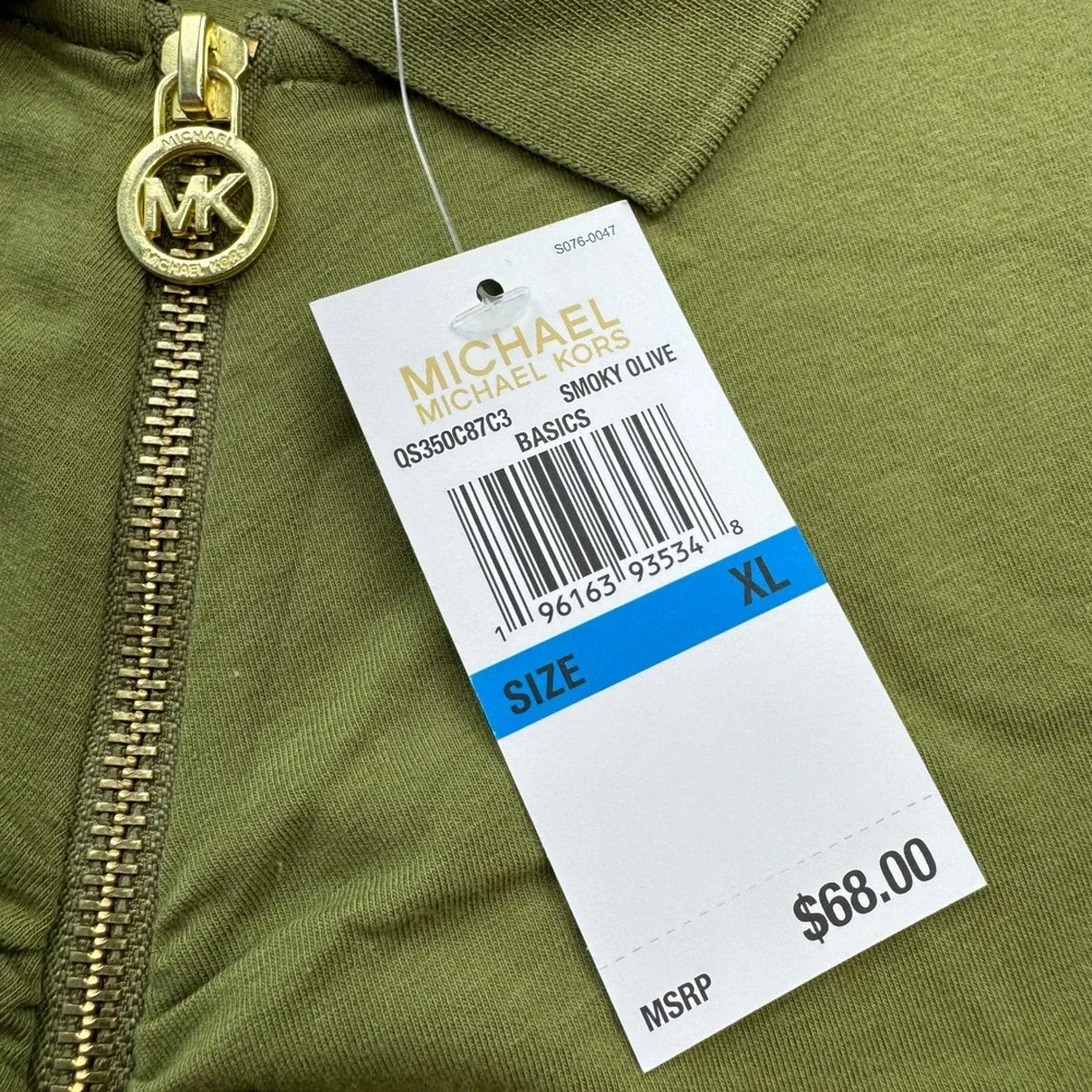 Michael Kors Polo Shirt Womens XL Smoky Olive Ruched Zip Front Designer Basic